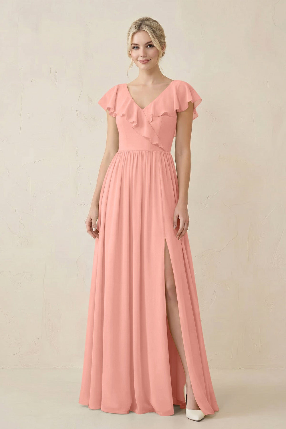Cap Sleeve A-Line Ruffled Chiffon Bridesmaid Dress in Rosette