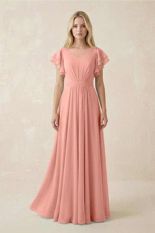 Rosette Cap Sleeve Ruffled A-Line Chiffon Bridesmaid Dress | KISSBRIDAL