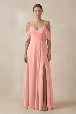 Rosette Chiffon A-Line Long Bridesmaid Dress | KISSBRIDAL