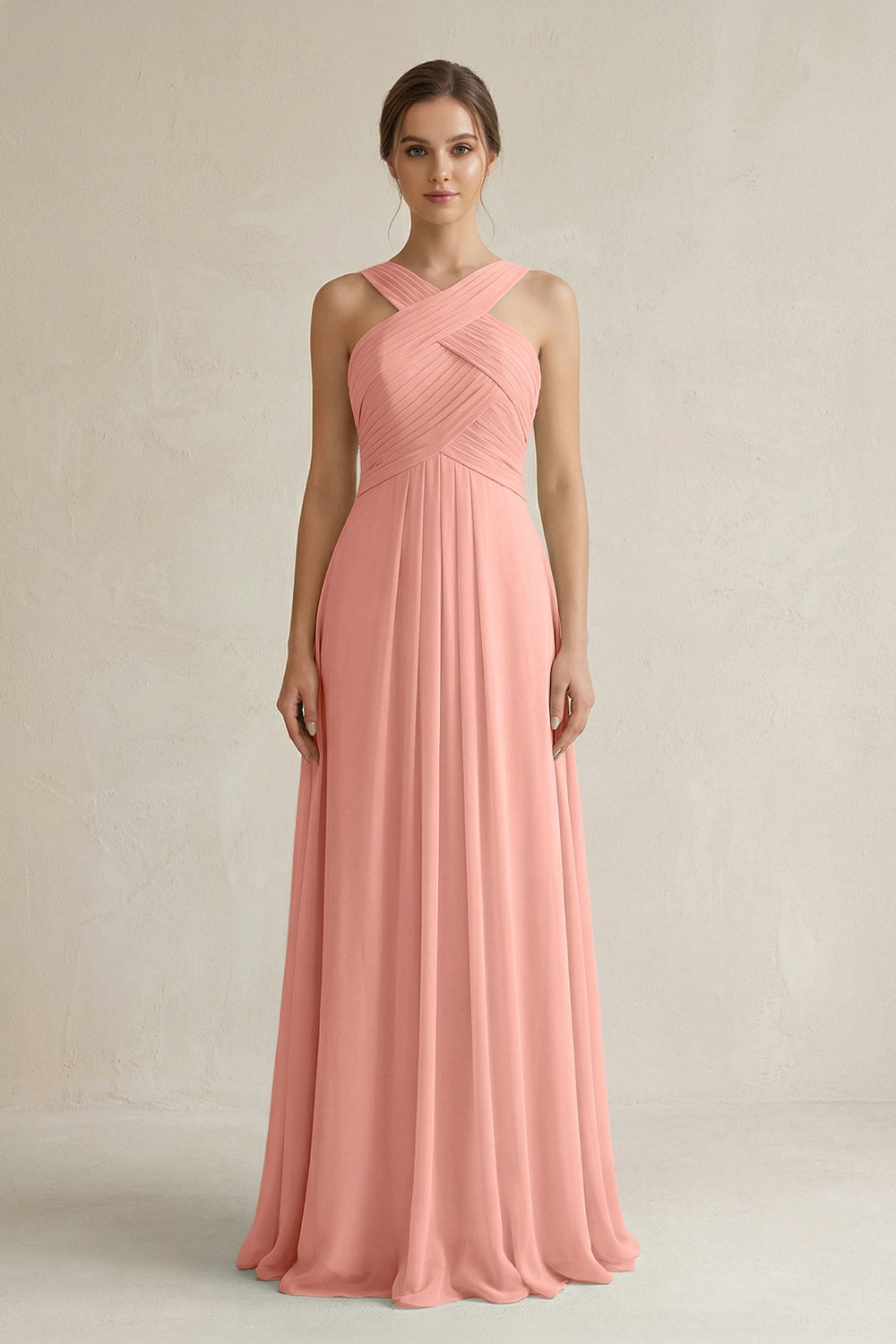 Cross Halter Chiffon A-Line Pleated Bridesmaid Dress in Rosette