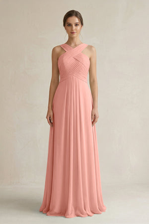 Rosette Cross Halter Chiffon A-Line Pleated Bridesmaid Dress | KISSBRIDAL