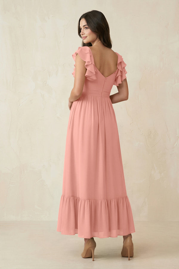 Rosette Flutter Sleeve Sweetheart A-Line Chiffon Bridesmaid Dress (2) | KISSBRIDAL