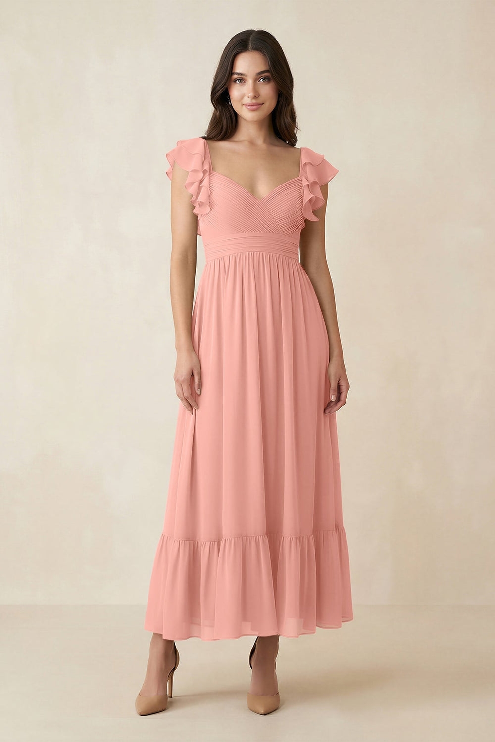 Flutter Sleeve Sweetheart A-Line Chiffon Bridesmaid Dress in Rosette
