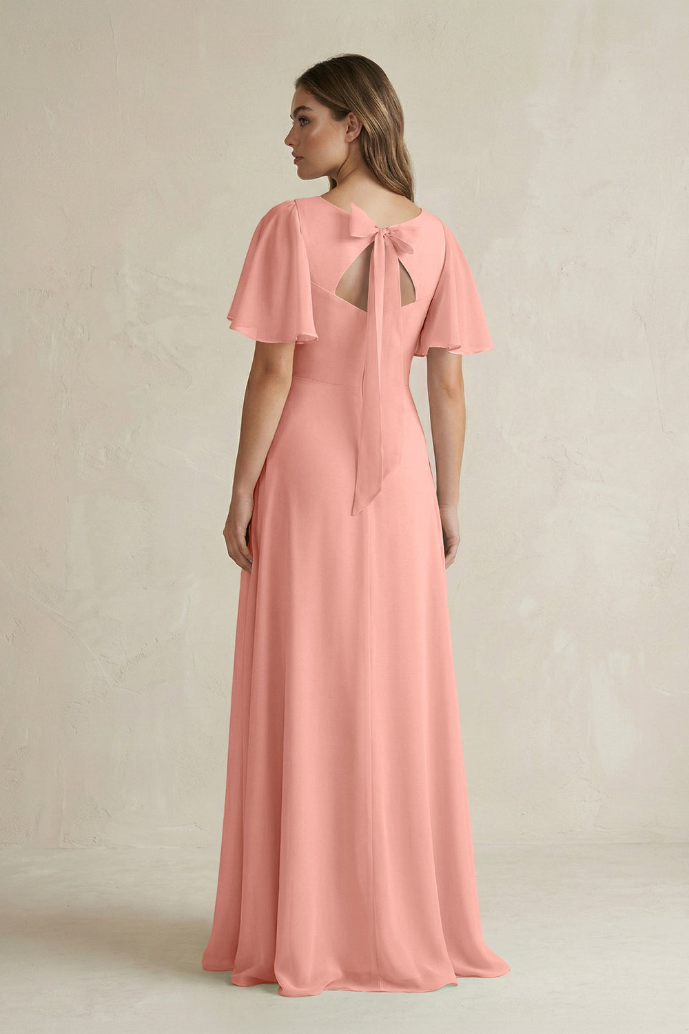 Flutter Sleeve V-Neck A-Line Chiffon Bridesmaid Dress in Rosette