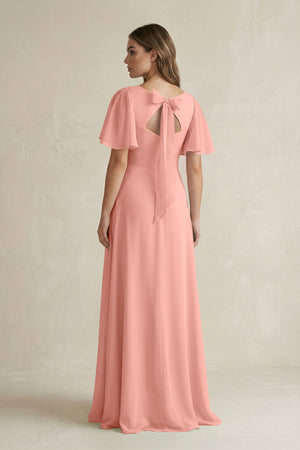 Rosette Flutter Sleeve V-Neck A-Line Chiffon Bridesmaid Dress (2) | KISSBRIDAL