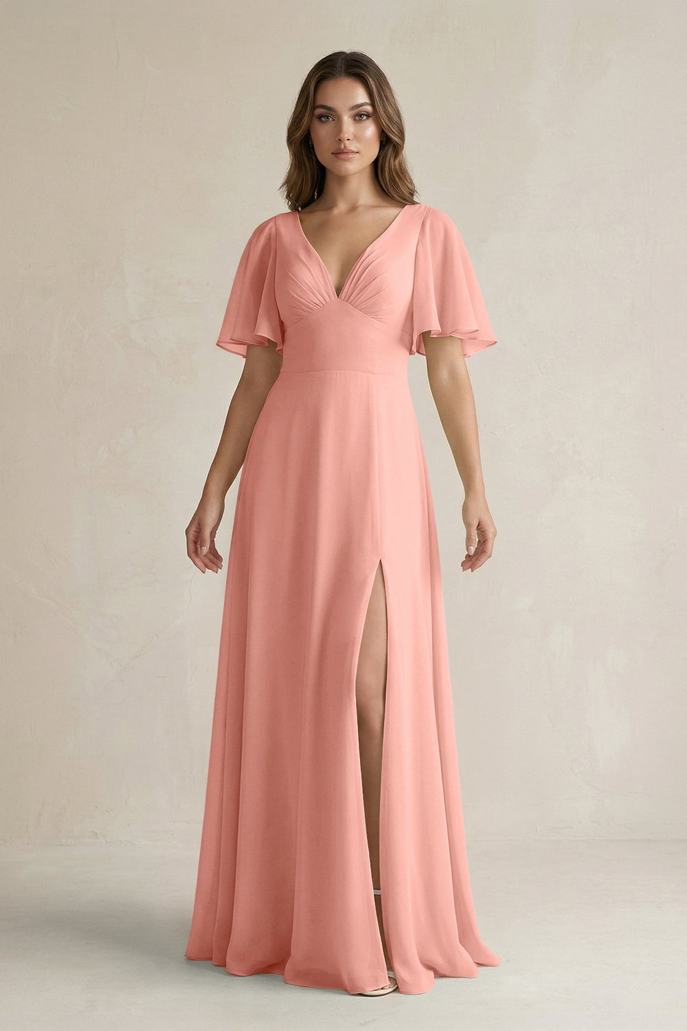 Flutter Sleeve V-Neck A-Line Chiffon Bridesmaid Dress in Rosette