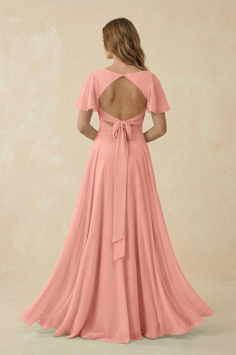 Flutter Sleeve V-Neck Chiffon A-Line Bridesmaid Dress in Rosette