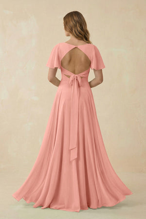 Rosette Flutter Sleeve V-Neck Chiffon A-Line Bridesmaid Dress (2) | KISSBRIDAL
