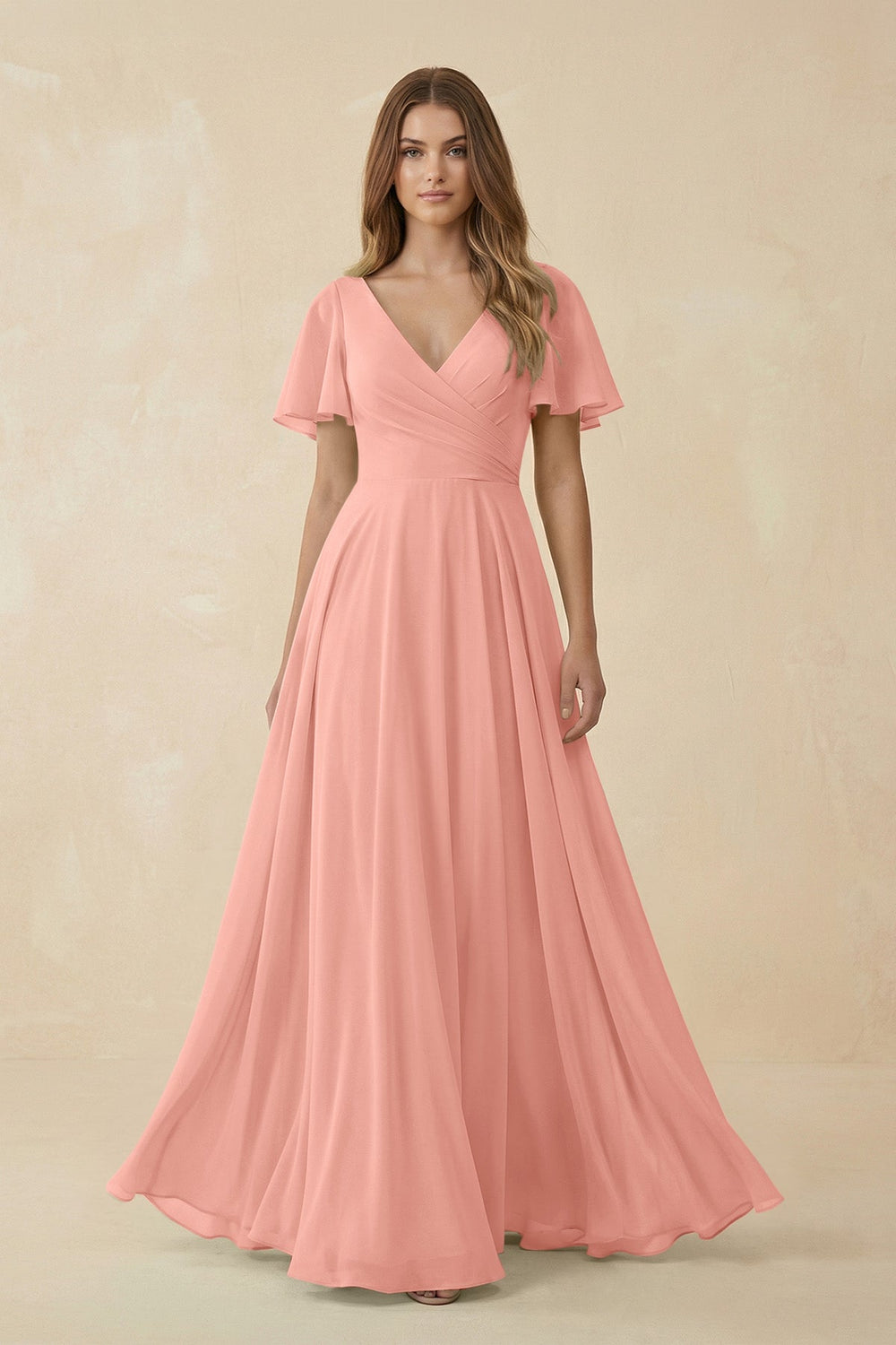 Flutter Sleeve V-Neck Chiffon A-Line Bridesmaid Dress in Rosette