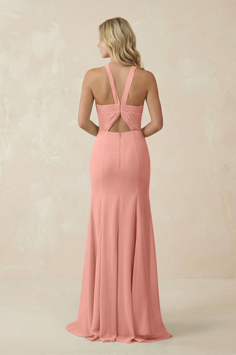 Halter Chiffon Mermaid Ruched Bridesmaid Dress in Rosette