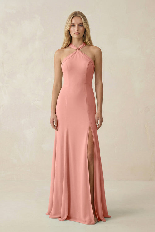 Rosette Halter Chiffon Mermaid Ruched Bridesmaid Dress | KISSBRIDAL