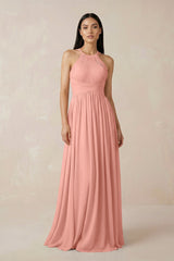 Rosette Halter Neck A-Line Chiffon Bridesmaid Dress | KISSBRIDAL
