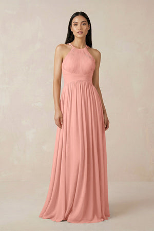Rosette Halter Neck A-Line Chiffon Bridesmaid Dress | KISSBRIDAL