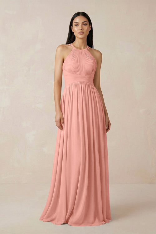 Rosette Halter Neck A-Line Chiffon Bridesmaid Dress | KISSBRIDAL