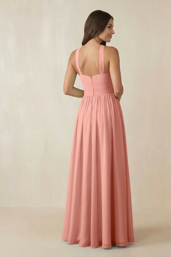 Rosette Halter Neck Ruched A-Line Chiffon Bridesmaid Dress (2) | KISSBRIDAL