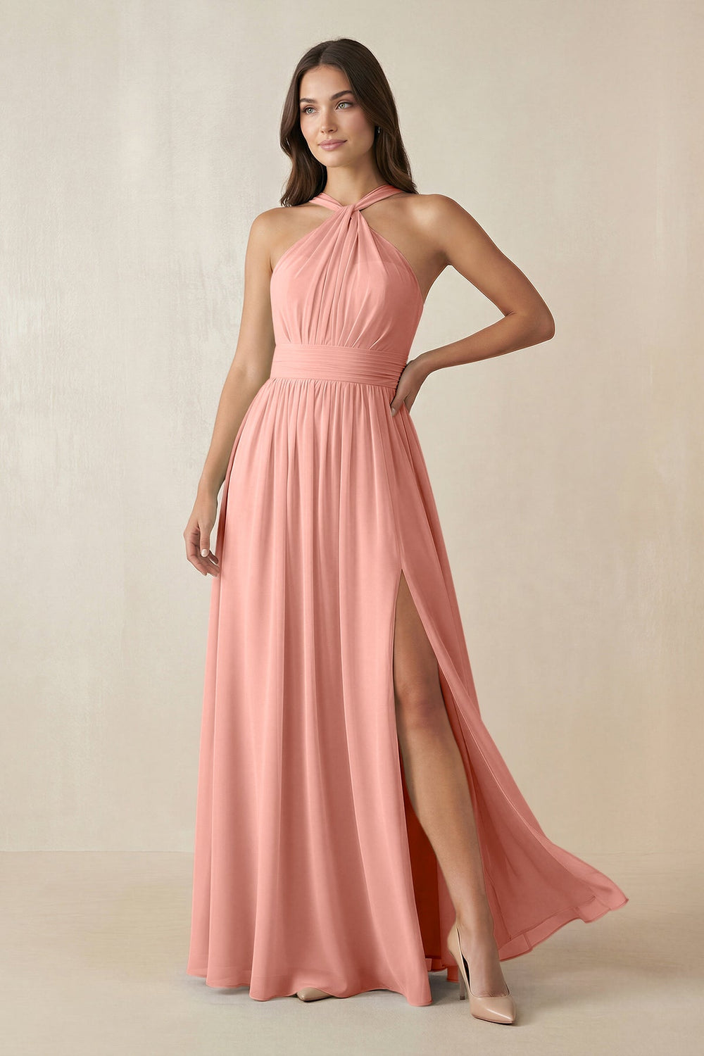 Halter Neck Ruched A-Line Chiffon Bridesmaid Dress in Rosette