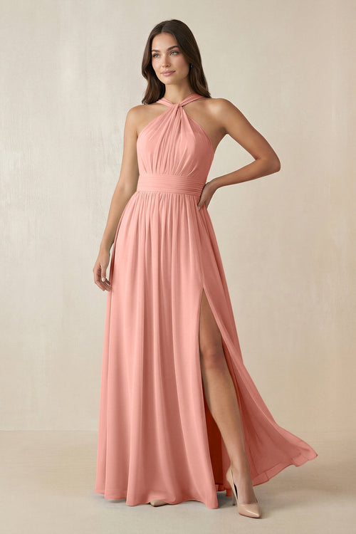 Rosette Halter Neck Ruched A-Line Chiffon Bridesmaid Dress | KISSBRIDAL