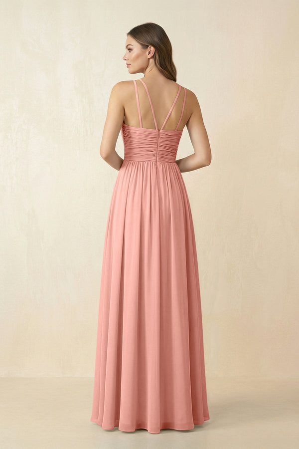 Rosette Halter Pleated A-Line Chiffon Bridesmaid Dress (2) | KISSBRIDAL