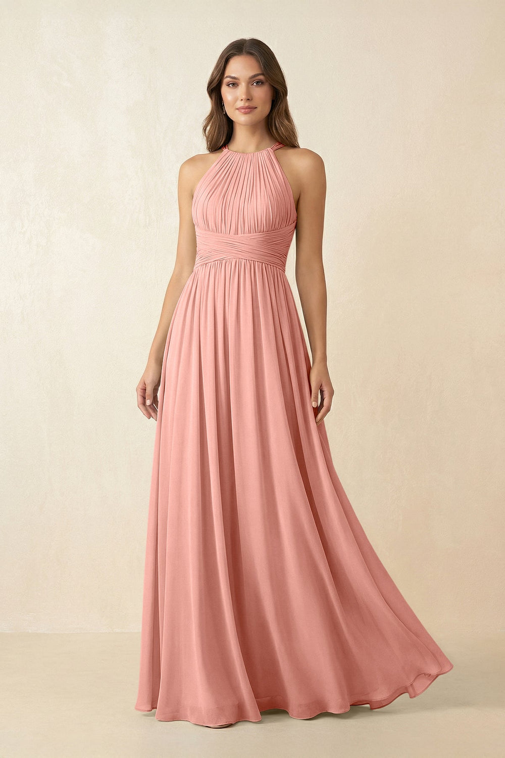 Halter Pleated A-Line Chiffon Bridesmaid Dress in Rosette