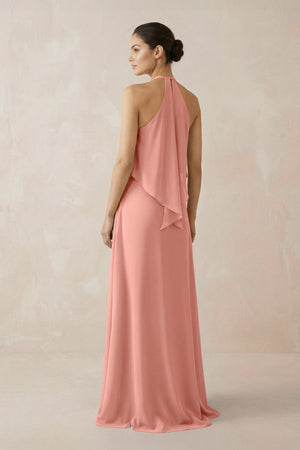 Rosette Halter Sheath Ruffled Chiffon Bridesmaid Dress (2) | KISSBRIDAL