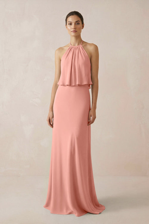 Rosette Halter Sheath Ruffled Chiffon Bridesmaid Dress | KISSBRIDAL