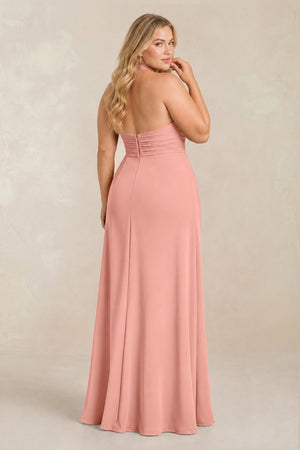 Rosette High Neck Chiffon Sheath Ruched Bridesmaid Dress (2) [sizeplus] | KISSBRIDAL