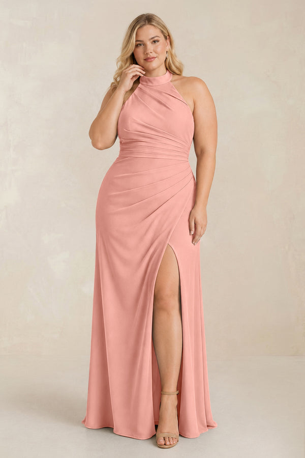 Rosette High Neck Chiffon Sheath Ruched Bridesmaid Dress [sizeplus] | KISSBRIDAL