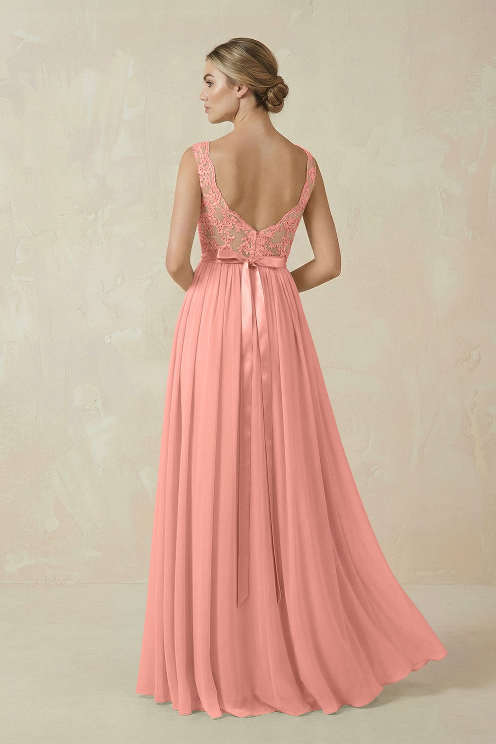 Lace A-Line Bateau Neck Chiffon Long Bridesmaid Dress in Rosette
