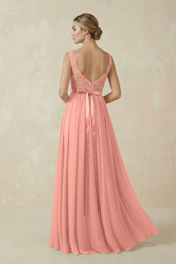 Rosette Lace A-Line Bateau Neck Chiffon Long Bridesmaid Dress (2) | KISSBRIDAL