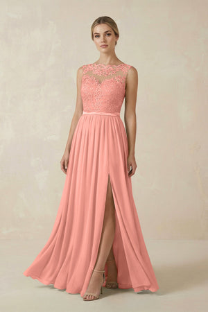 Rosette Lace A-Line Bateau Neck Chiffon Long Bridesmaid Dress | KISSBRIDAL