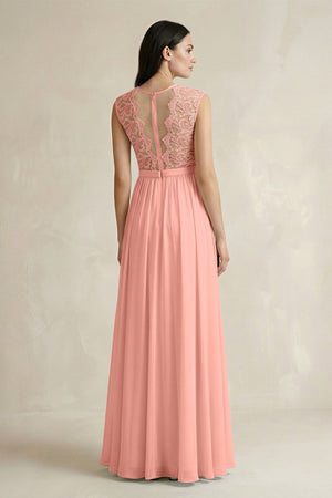 Rosette Lace Chiffon A-Line Round Neck Bridesmaid Dress (2) | KISSBRIDAL