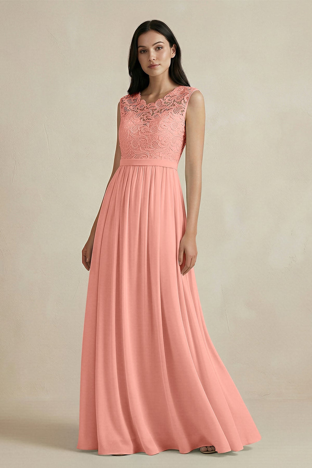 Lace Chiffon A-Line Round Neck Bridesmaid Dress in Rosette