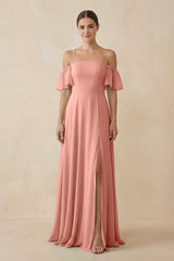 Rosette Off-the-Shoulder A-Line Chiffon Bridesmaid Dress | KISSBRIDAL