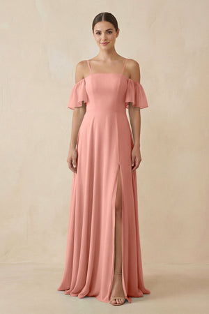 Rosette Off-the-Shoulder A-Line Chiffon Bridesmaid Dress | KISSBRIDAL