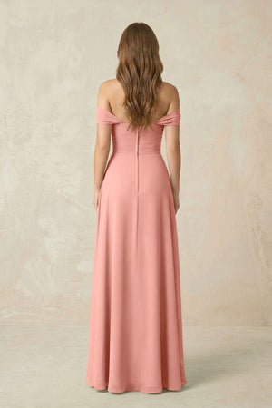 Rosette Off-the-Shoulder A-Line Chiffon Pleated Bridesmaid Dress (2) | KISSBRIDAL