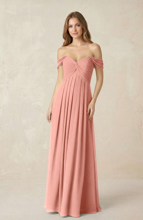 Rosette Off-the-Shoulder A-Line Chiffon Pleated Bridesmaid Dress | KISSBRIDAL