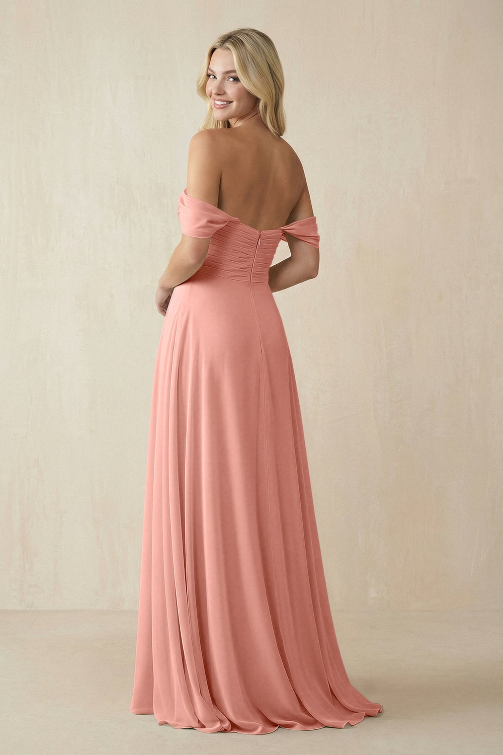 Off-the-Shoulder Chiffon A-Line Long Bridesmaid Dress in Rosette