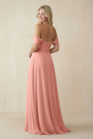 Rosette Off-the-Shoulder Chiffon A-Line Long Bridesmaid Dress (2) | KISSBRIDAL