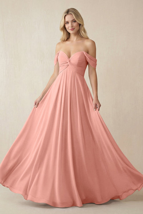 Rosette Off-the-Shoulder Chiffon A-Line Long Bridesmaid Dress | KISSBRIDAL