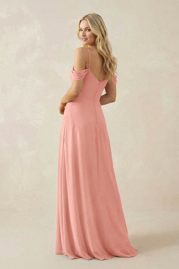 Rosette Off-the-Shoulder Chiffon A-Line Maxi Bridesmaid Dress (2) | KISSBRIDAL