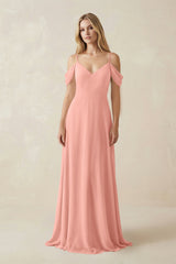 Rosette Off-the-Shoulder Chiffon A-Line Maxi Bridesmaid Dress | KISSBRIDAL