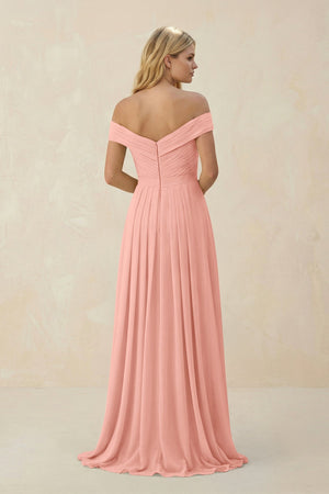 Rosette Off-the-Shoulder Pleated A-Line Chiffon Bridesmaid Dress (2) | KISSBRIDAL