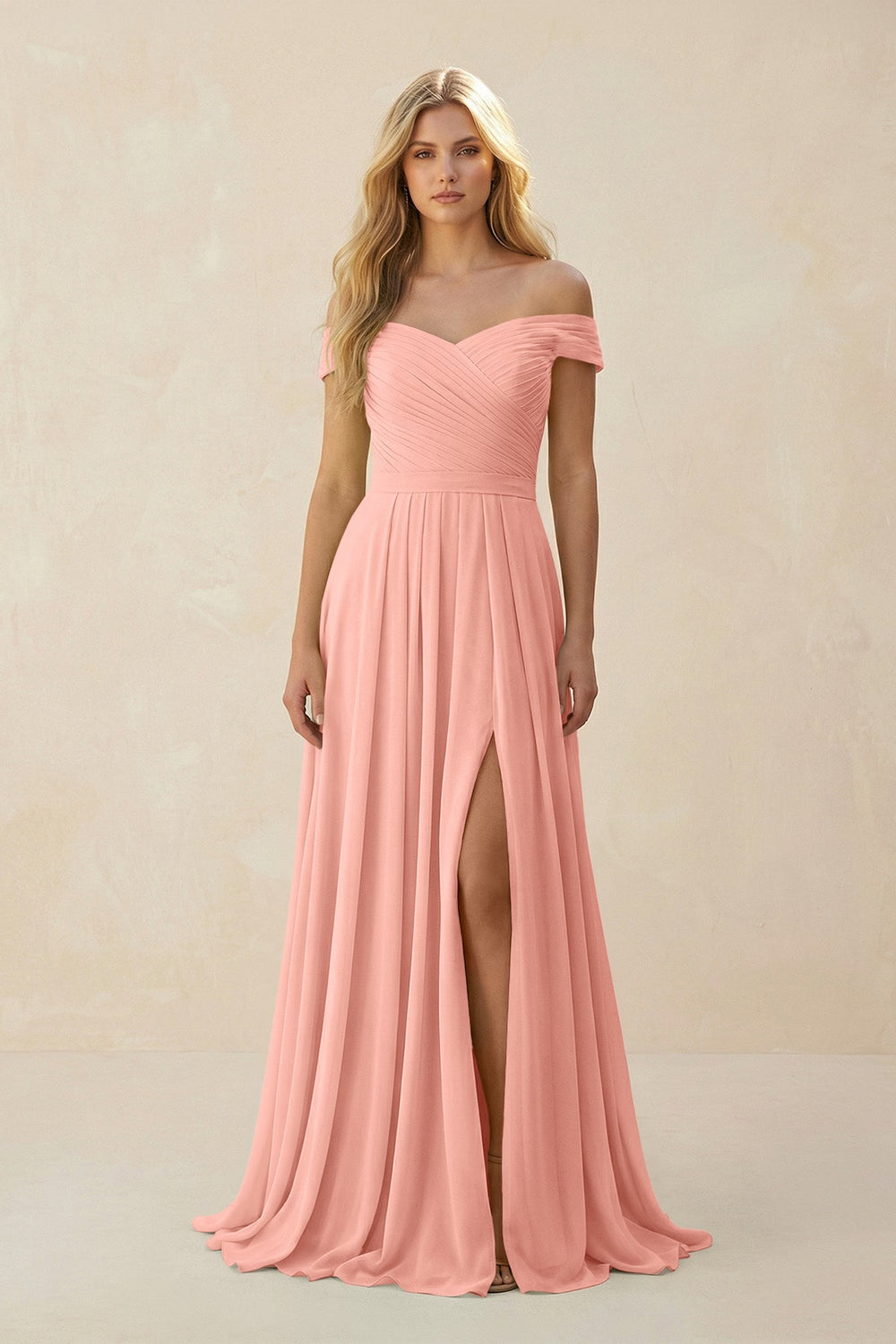 Off-the-Shoulder Pleated A-Line Chiffon Bridesmaid Dress in Rosette