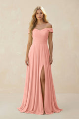 Rosette Off-the-Shoulder Pleated A-Line Chiffon Bridesmaid Dress | KISSBRIDAL