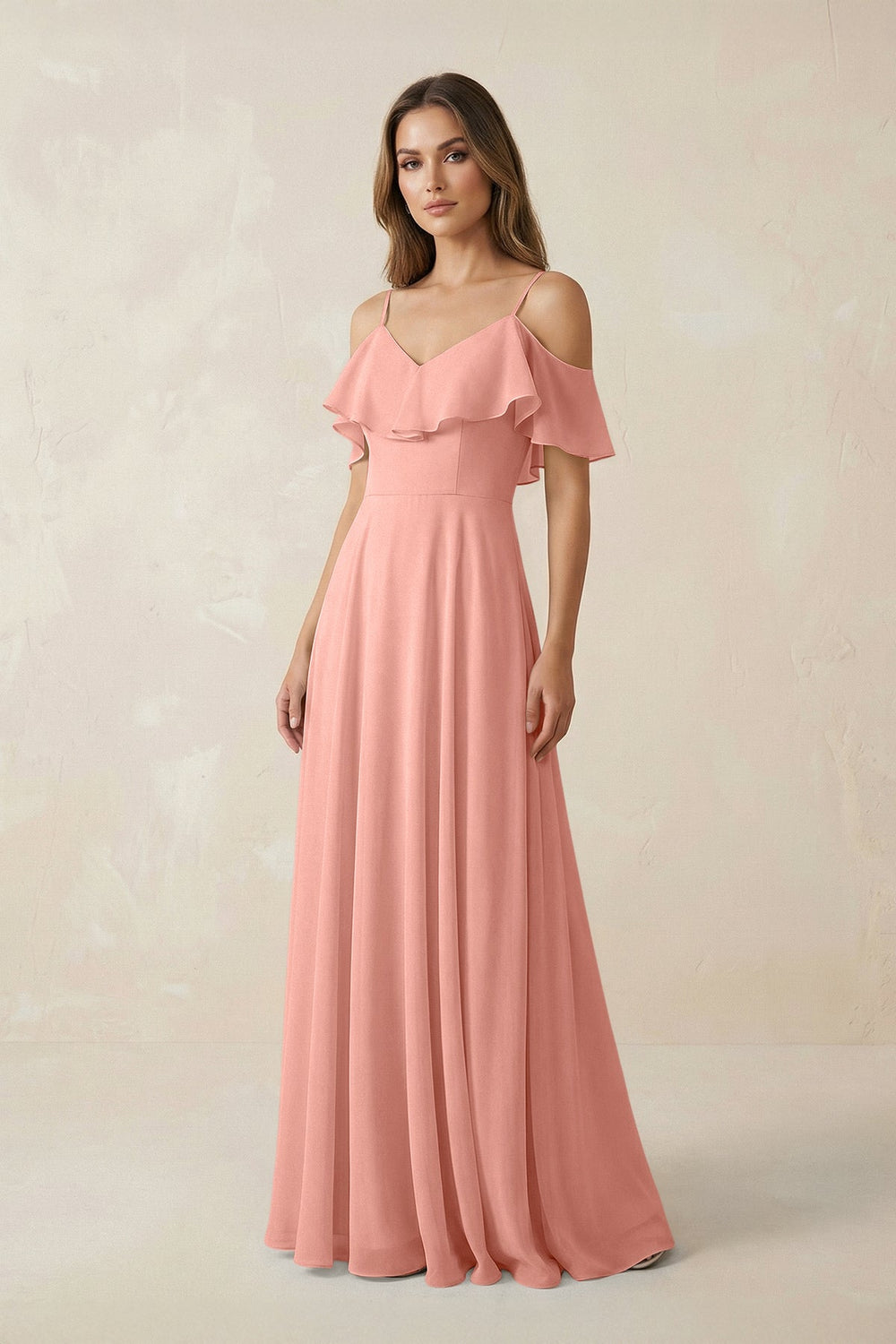 Off-the-Shoulder Ruffled A-Line Chiffon Bridesmaid Dress in Rosette