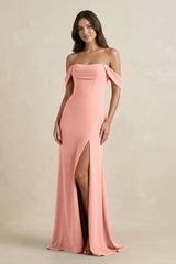 Rosette Off-the-Shoulder Sheath Bridesmaid Dress with Slit | KISSBRIDAL