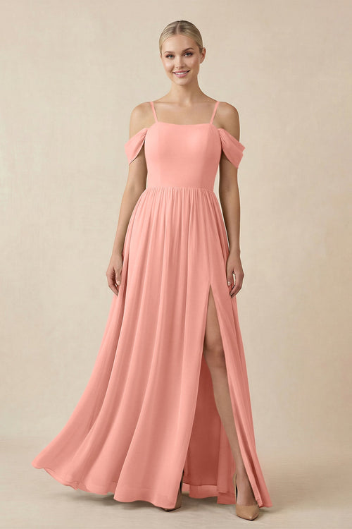 Rosette Off-the-Shoulder Sweetheart A-Line Chiffon Bridesmaid Dress | KISSBRIDAL