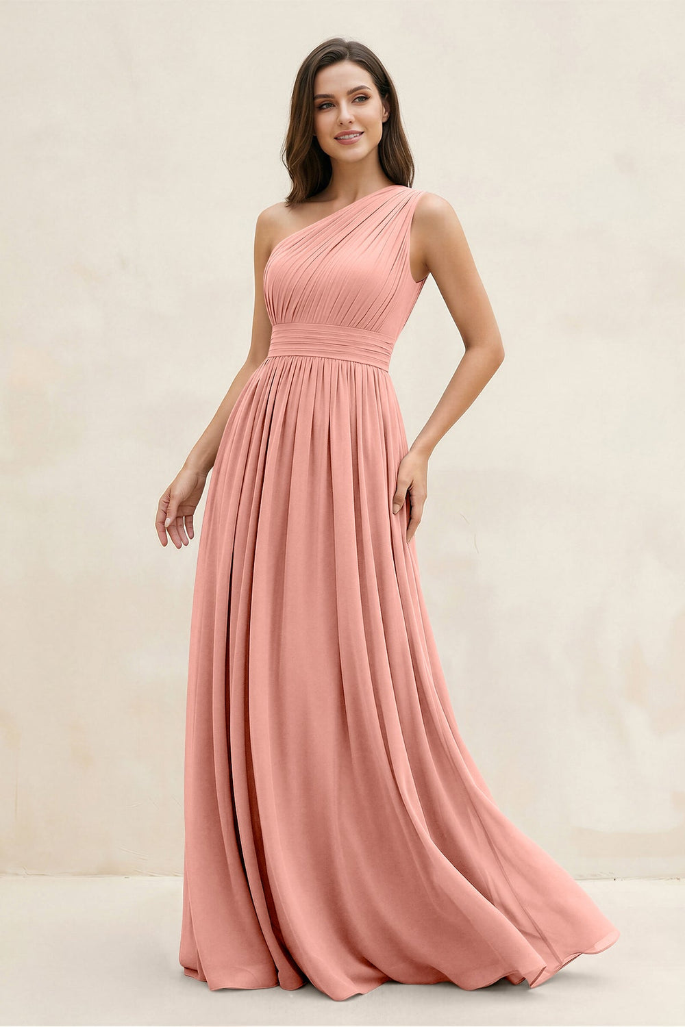 One-Shoulder Pleated A-Line Chiffon Bridesmaid Dress in Rosette