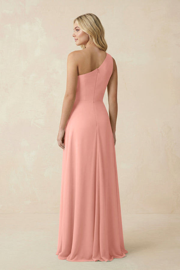 Rosette One-Shoulder Ruched A-Line Chiffon Bridesmaid Dress (2) | KISSBRIDAL