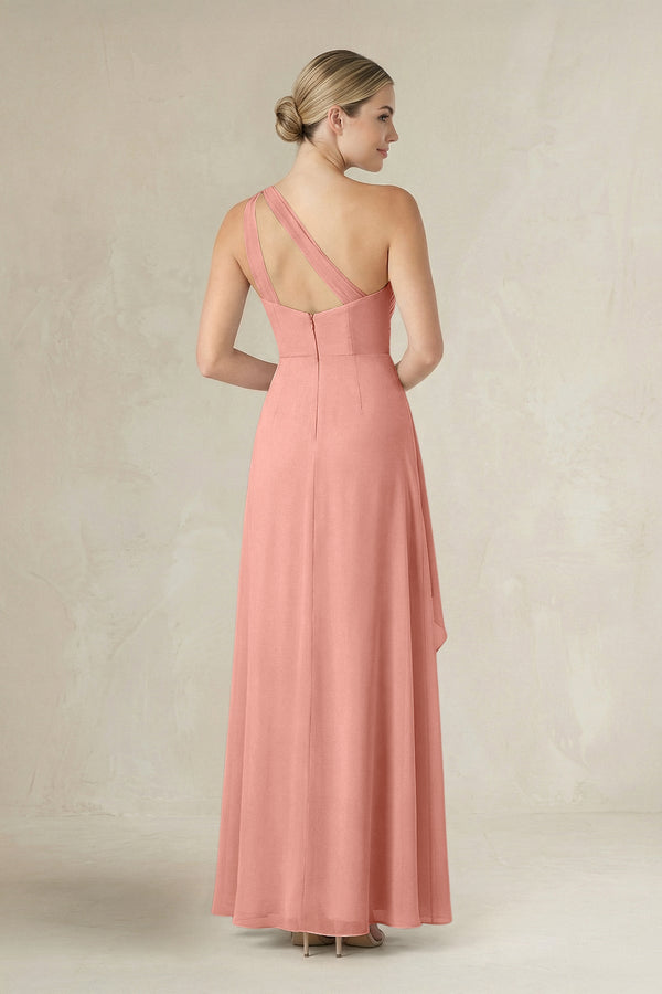 Rosette One-Shoulder Sheath Ruched Ruffled Bridesmaid Dress in Rosette (2) | KISSBRIDAL
